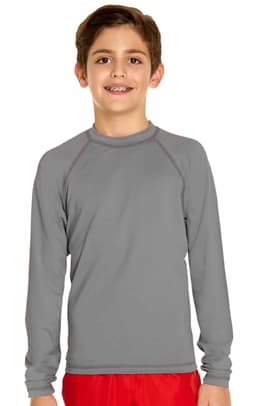 A grey long sleeve rashie with a round neck, designed for youth, featuring a logo on the chest.