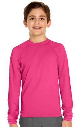 A long-sleeve rashie in bright pink, featuring UPF 50+ protection. The shirt has a simple design and includes a logo.