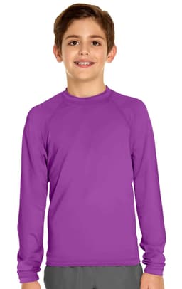 A youth long sleeve rashie in purple, designed for UV protection, with a logo prominently displayed.