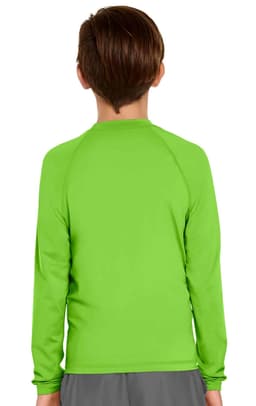 A bright green long sleeve rashie with a UPF 50+ rating, viewed from the back. It features a simple design and has a logo.