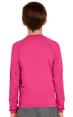 A pink long sleeve rashie with a UPF 50+ rating, suitable for youth. The garment has a plain back design.
