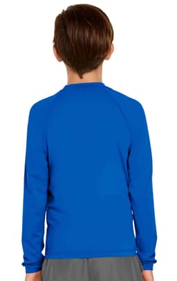 A blue long sleeve rashie for youth, featuring a simple design and a back view. It includes a logo.