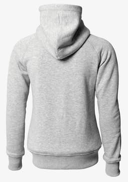 A grey hoodie with a hood and long sleeves, featuring a branded logo on the back.