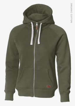 An olive green zip-up women's hoodie with a hood and front pockets. It has a logo on the side.
