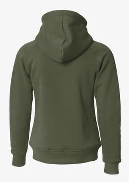 A women's hoodie in olive green with a hood and a fitted design, featuring a logo.