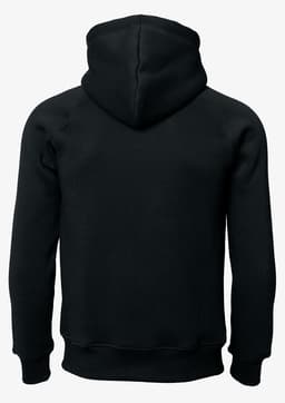A black hoodie with a hoodie design and a simple, unembellished back view. It features a logo.