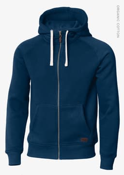 A blue hoodie jacket with a zip front, drawstring hood, and a pocket, featuring a logo on the side.