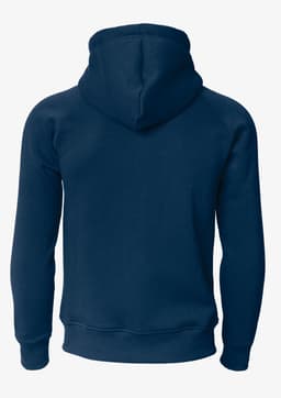A navy blue hoodie with a hood and long sleeves, featuring a logo on the back.