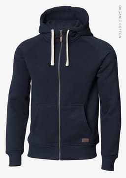 A navy hoodie jacket with a zip front, drawstring hood, and a small branding label. Made from organic cotton.