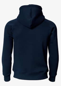 A navy hoodie with a front pocket and a hood, featuring a snug fit and ribbed cuffs. It has a branding logo.