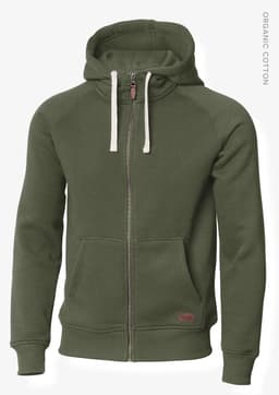 A green zip-up hoodie with a hood, featuring a front pocket and a small logo.