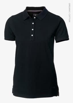 A black polo shirt made from organic cotton, featuring a collar and button placket, with a logo present.