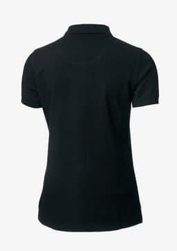A black polo shirt with a collar and short sleeves, featuring branding on the back.