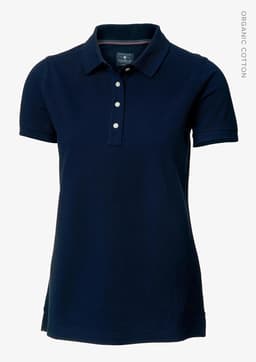 A navy polo shirt made from organic cotton, featuring a collar and button placket, with a logo.