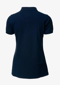 A navy polo shirt with a fitted design and a short sleeve, featuring a logo on the back.