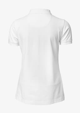 A white women's polo shirt with a classic design and a logo on the back.