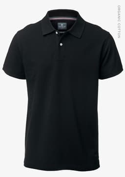 A black polo shirt made from organic cotton, featuring a collar and an emblem on the chest.