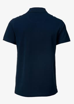 A navy blue polo shirt with a classic collar and short sleeves. The back features a simple design with a logo.