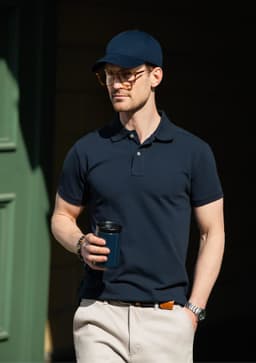 A navy polo shirt worn by a man holding a drink, paired with a matching cap and light trousers.