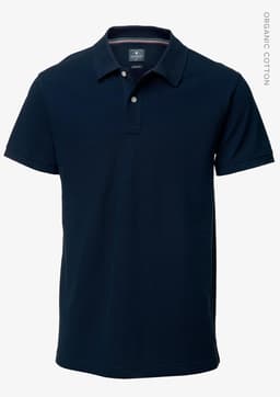 A navy blue polo shirt made from organic cotton, featuring a classic collar and three-button placket.