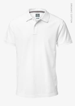 A white polo shirt made of organic cotton, featuring a collar and short sleeves, with a logo present.