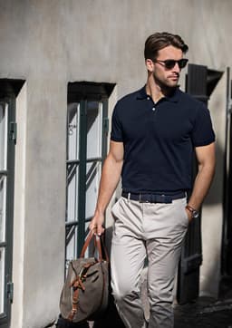 A navy polo shirt worn with beige trousers, complemented by sunglasses and a brown bag, set against a street backdrop.