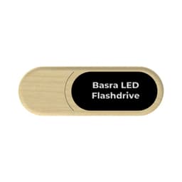 A wooden USB flash drive with a black panel featuring a logo or branding.