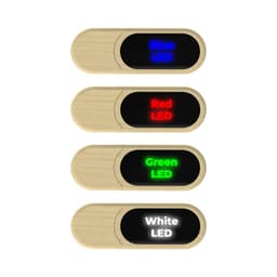 A set of four eco-friendly LED flash drives in wood finish, featuring blue, red, green, and white LED lights.