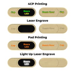 A wooden LED flash drive with a cap, showcasing different printing options and a logo area.