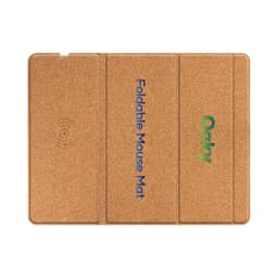 A foldable wireless charging mouse pad in a natural cork finish. Features branding and a wireless charging symbol.