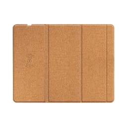 A foldable wireless charging mouse pad in a natural brown colour, featuring a logo on its surface.
