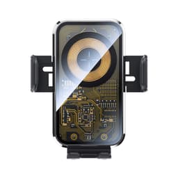 A fast wireless car charger with a sleek design, featuring a black and gold circuit pattern and a holder mount.