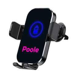 A black fast wireless car charger with adjustable arms, featuring a branding logo at the centre.