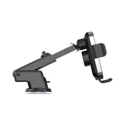 A black 15W fast wireless car charger with a flexible arm and a suction mount for attachments.