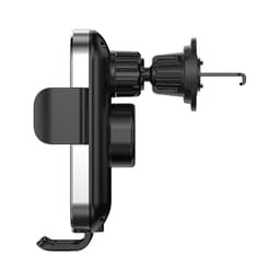 A black wireless car charger with a clip mount, designed for easy attachment to car vents.