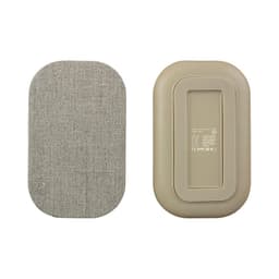 A beige wireless charger with a textured surface on one side and a smooth finish on the other, featuring a logo.