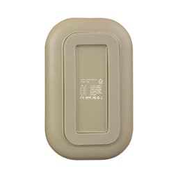A light brown wireless charger with a rectangular shape and a branding logo on the surface.