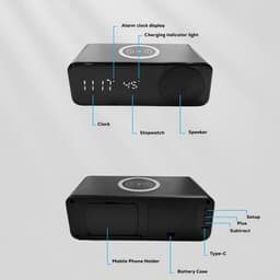 A black wireless charging speaker featuring a clock display, stopwatch, speaker, and mobile phone holder.