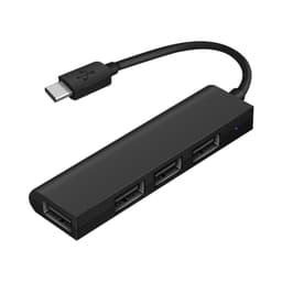 A black USB hub with one Type-C connector and three USB-A ports, featuring a simple and sleek design.