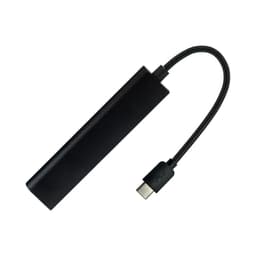 A black USB hub with a USB-A connector and a Type-C cable, featuring a sleek, elongated design.