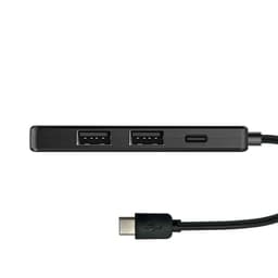 A black USB hub featuring two USB Type-A ports and one USB Type-C port with a connected Type-C cable.