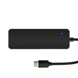 A black USB hub featuring USB Type-C and USB Type-A ports, with a blue indicator light and connecting cable.