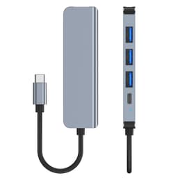 A grey USB hub with a Type-C connector and three USB ports on one side, featuring a sleek design and branding.