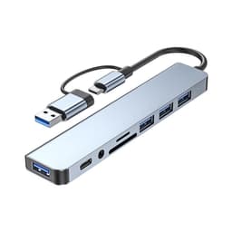 A silver USB hub featuring dual input, Type-C and Type-A ports, with multiple USB connections and an SD card slot.