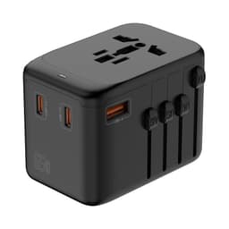 A black travel adaptor with multiple ports, including USB-A and USB-C, featuring a logo on the side.