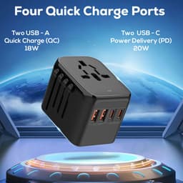 A black travel adaptor with four quick charge ports, including two USB-A and two USB-C.