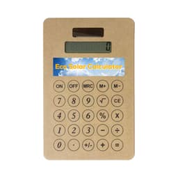A brown, eco-friendly solar calculator with a digital display and a variety of buttons, featuring a logo.
