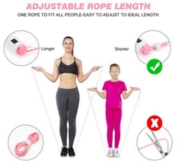 A digital skipping rope in pink with adjustable length, featuring a logo, held by an adult and a child.