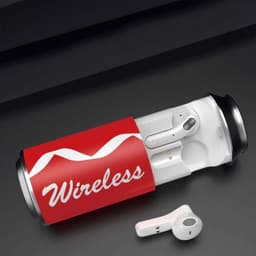 A red can-shaped case containing white wireless earbuds, alongside a single white earbud on a dark surface.
