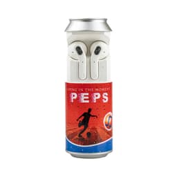A white drink can design featuring TWS earbuds secured inside, with a colourful label and branding.